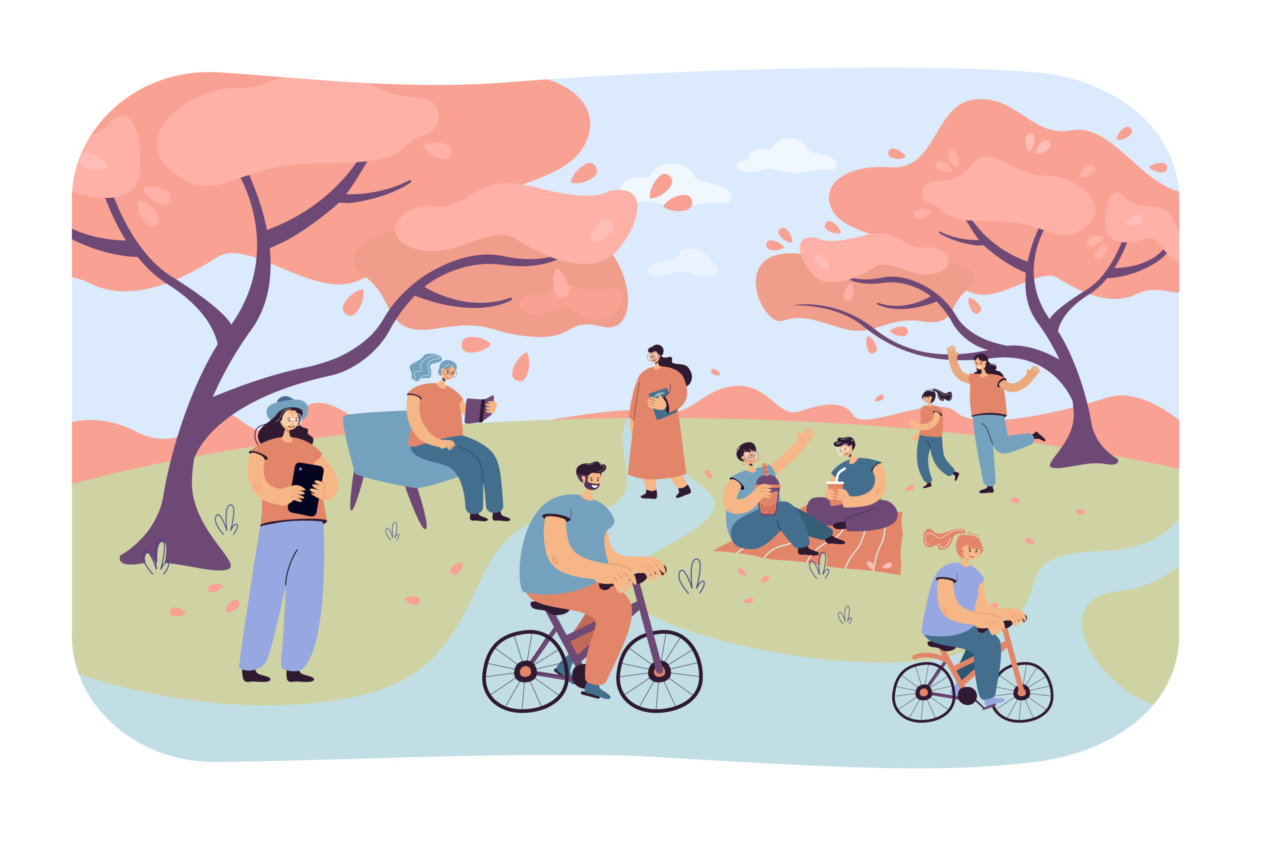 Positive people sitting in city park with cherry trees Allergy relief treatment in Exton
